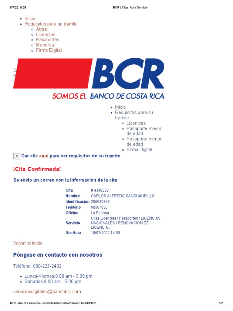 Confirmación de Cita BCR Licencias | PDF