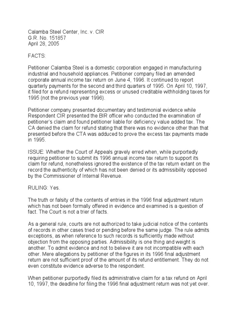 Evidence Calamba Steel Center Vs CIR PDF Tax Refund Evidence (Law)