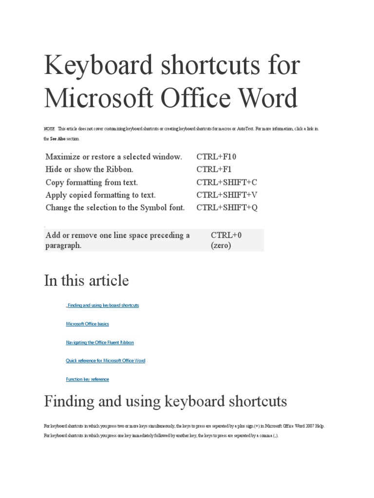 Keyboard Shortcuts For Microsoft Office Word | PDF | Computer Keyboard ...