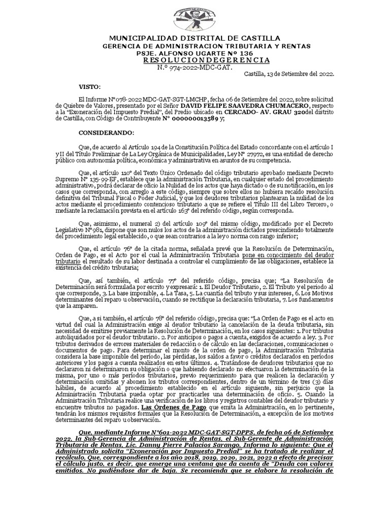 Resolución que declara el quiebre de valores de cobro del impuesto ...