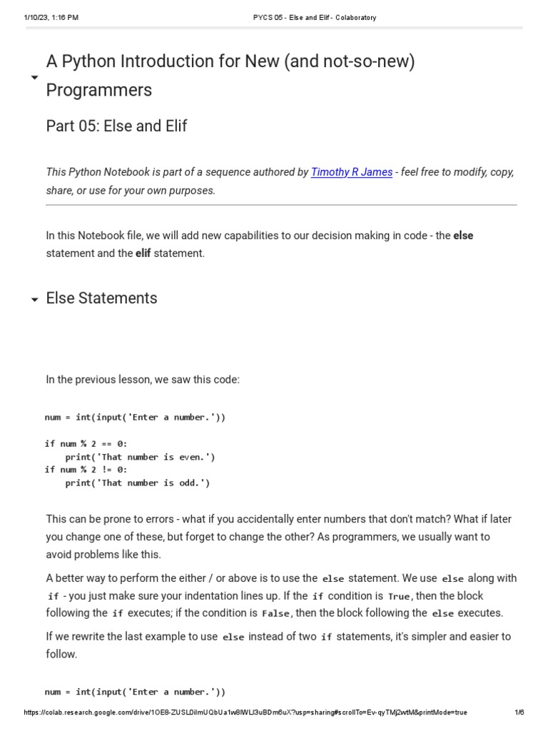 PYCS 05 - Else and Elif - Colaboratory | PDF | Python (Programming ...