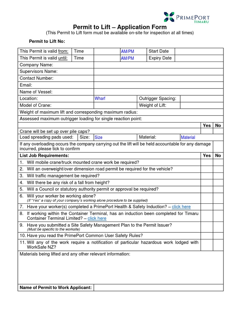 Permit To Lift PDF Crane (Machine) Occupational Safety And Health