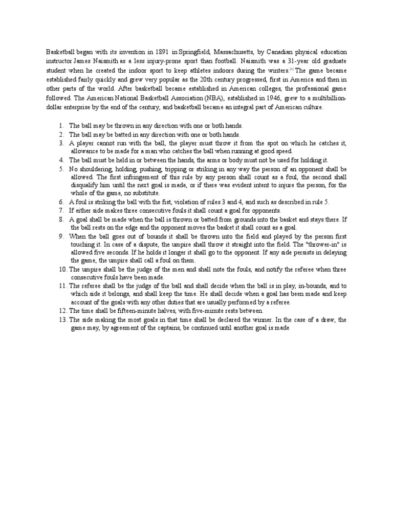 The Original Rules of Basketball James Naismith's 13 Fundamental