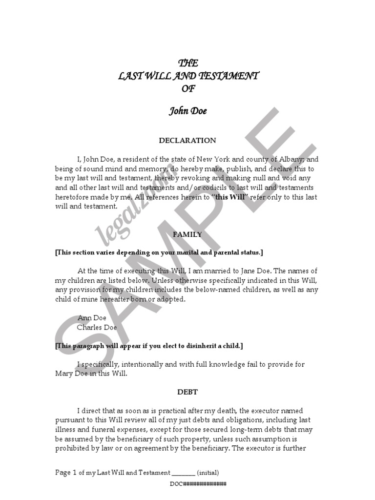 Last Will and Testament of John Doe NY Sample2 Eng15 PDF Trust Law
