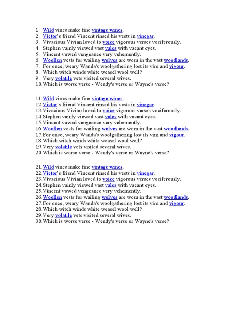 V and W Tongue Twisters PDF