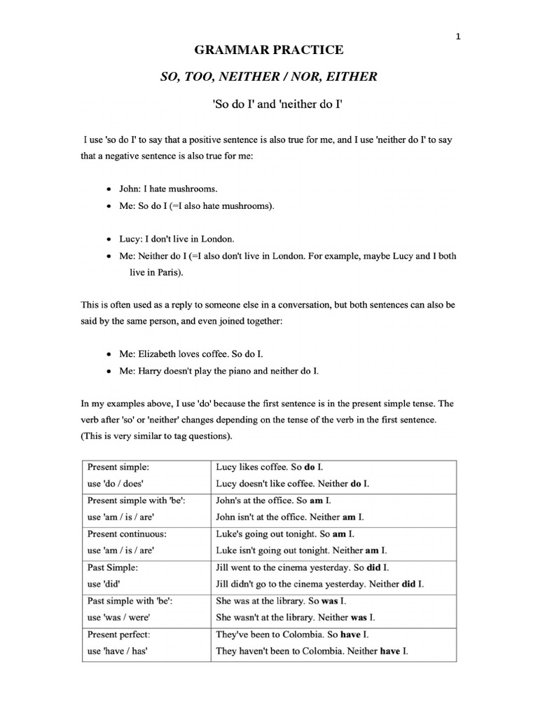 Grammar Practice - So - Too - Neither - Nor - Either - 1 - Key | PDF