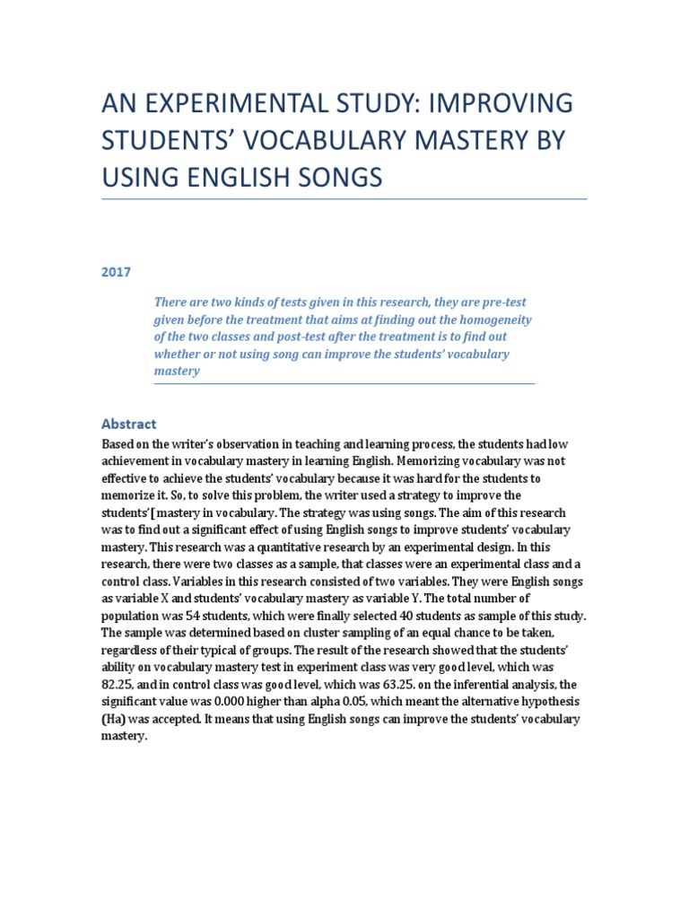 An Experimental Study Improving Students Vocabulary Mastery By Using