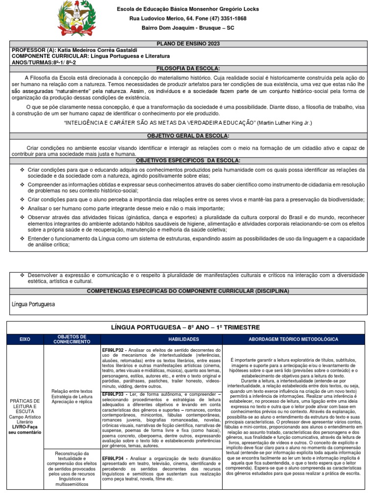 Plano de Ensino 2023 - EEB Monsenhor Locks | PDF | Narrativa | Linguística