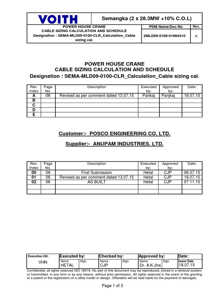 Cable Sizing Calculation and Schedule for Power House Crane PDF