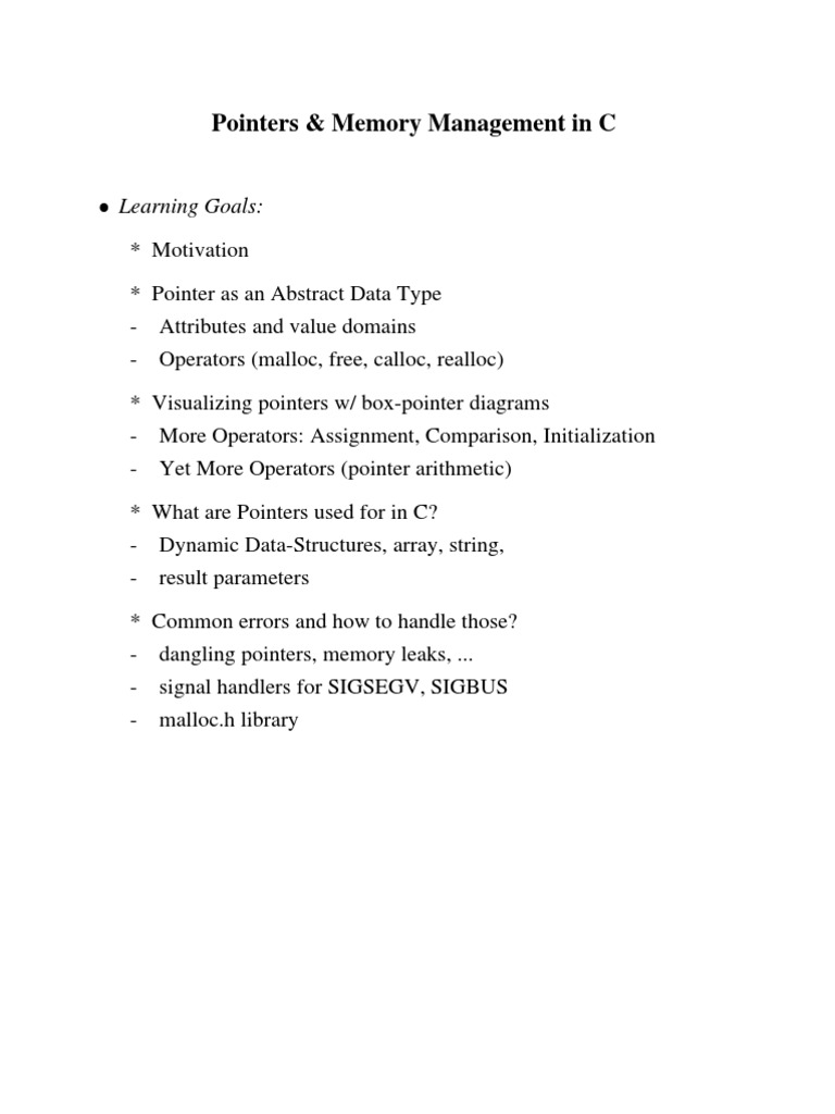 Pointers & Memory Management in C: Learning Goals | PDF | Computers