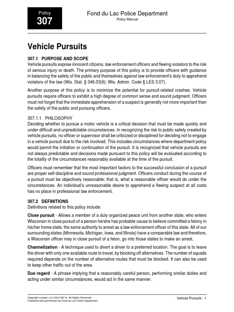 Vehicle Pursuits Policy 307 230120 212201 PDF Traffic Deadly