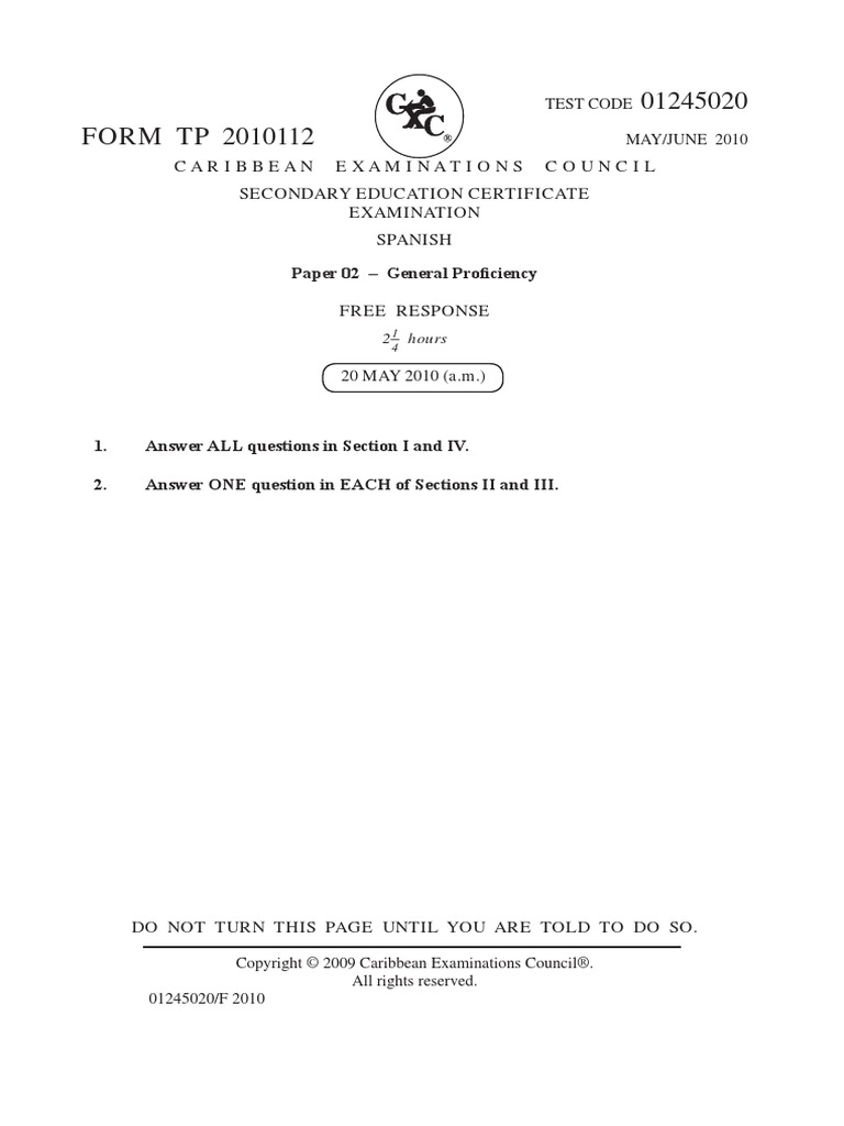 CSEC Spanish June 2010 P2 | PDF