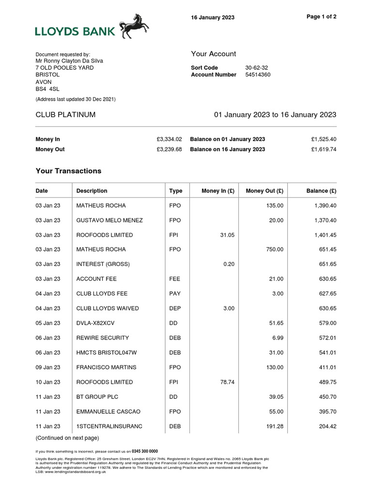Lloyds Bank Account Statement Summary | PDF