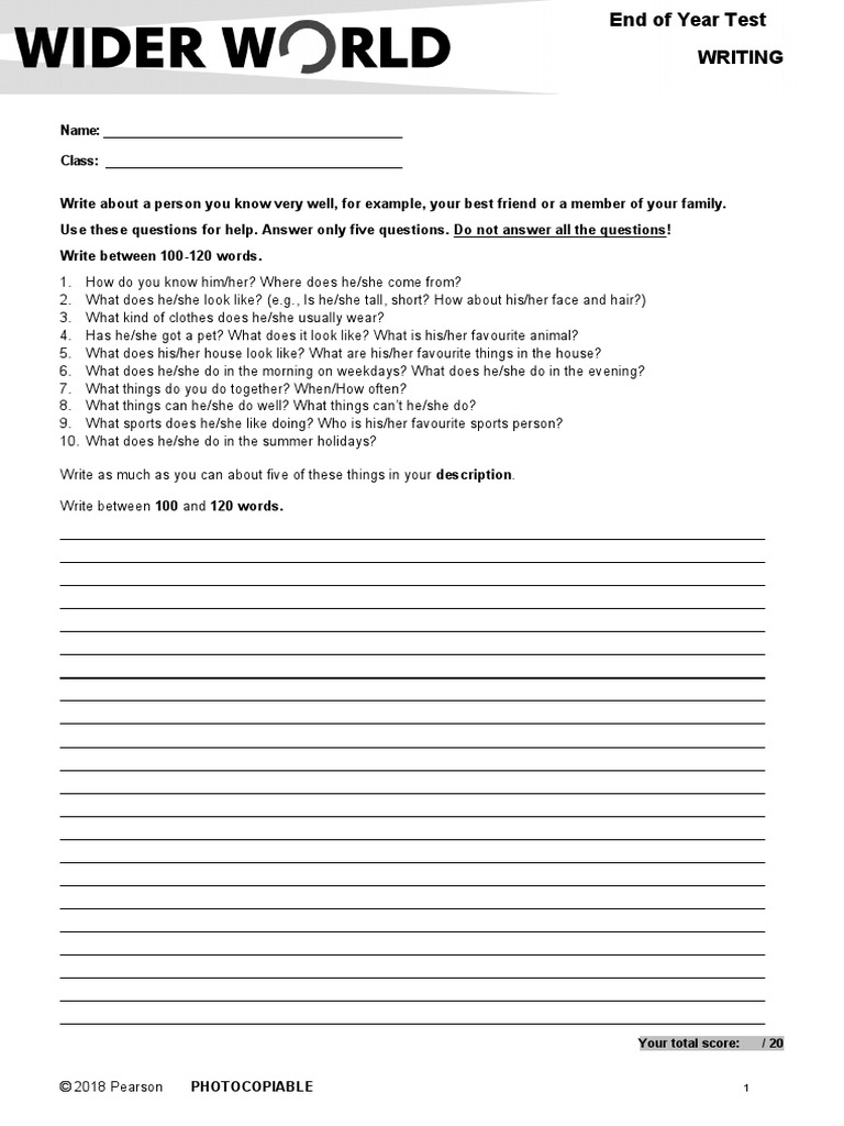 Wider World Starter Tests EndYearWriting Final | PDF