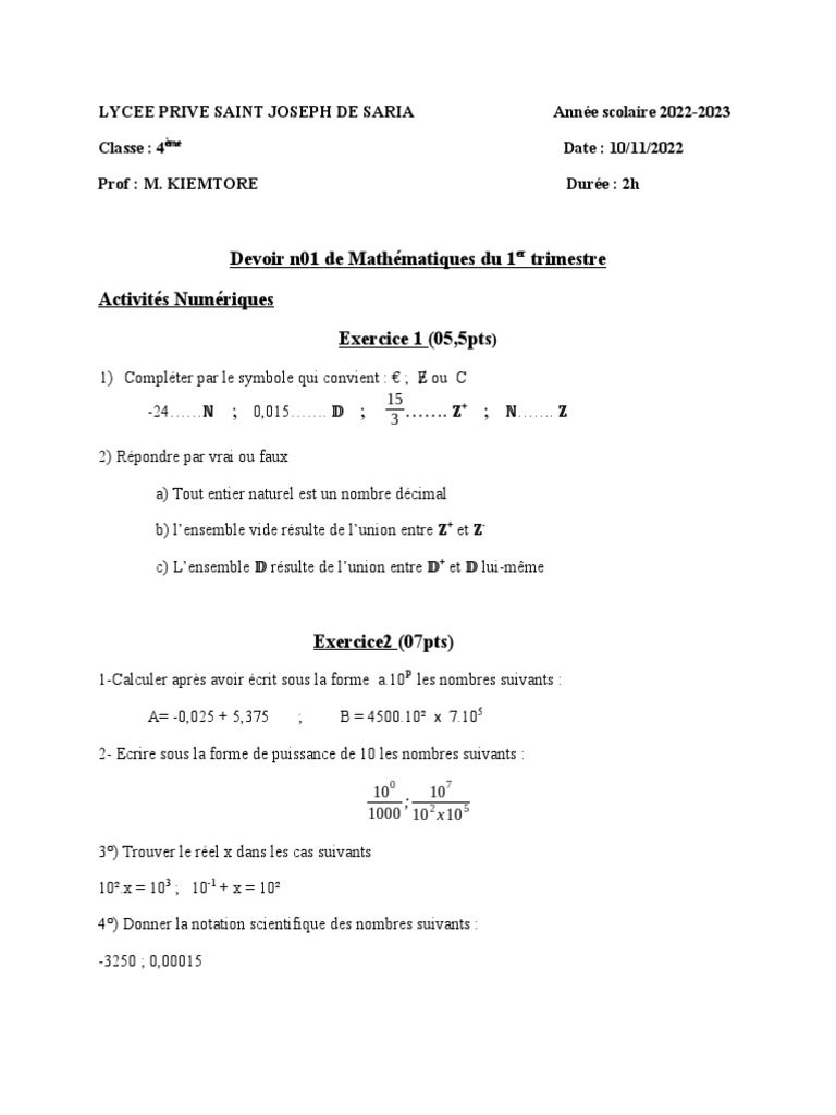 Devoir de Maths 4ème - 1er Trimestre | PDF