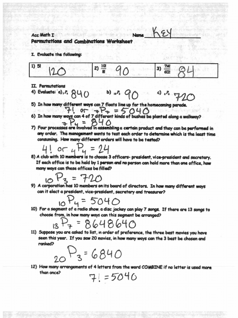 Extra Permutations and Combination Worksheet ANSWERS PDF