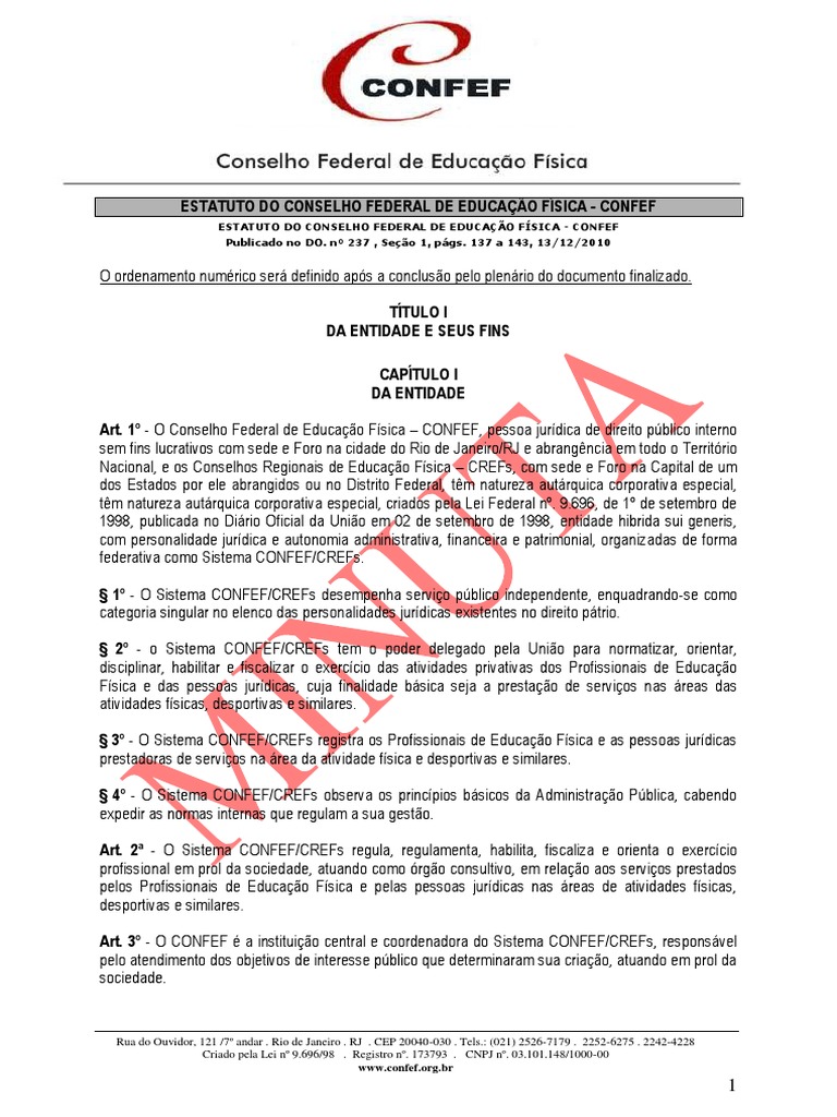 Estatuto do Conselho Federal de Educação Física (CONFEF | PDF