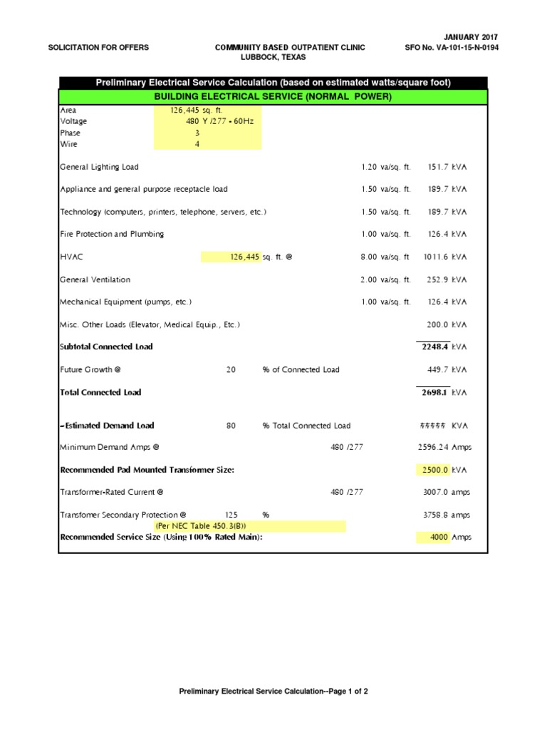Preliminary Electrical Service Calculation (Based On Estimated Watts