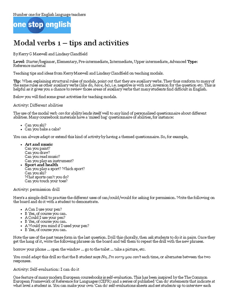 Modal Verbs 1 - Tips and Activities - Onestopenglish | PDF | English ...