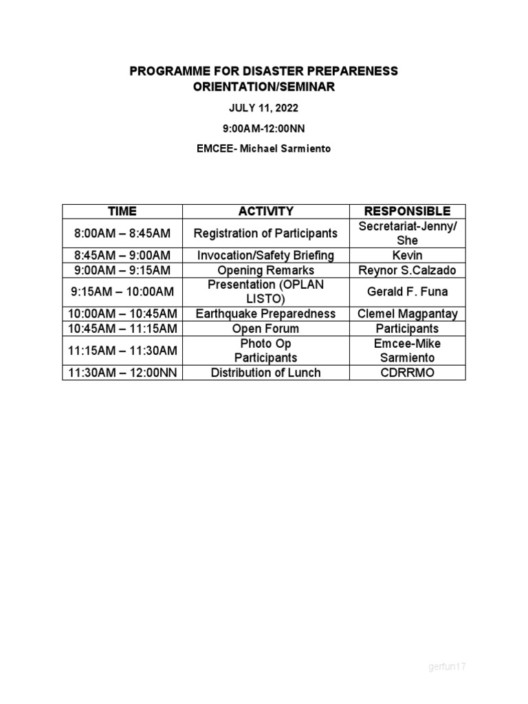 Programme For Disaster Prepareness Orientation Seminar | PDF