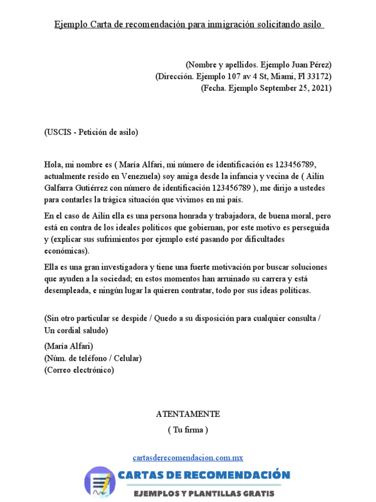 Ejemplo de carta de recomendacion para inmigracion solicitando asilo