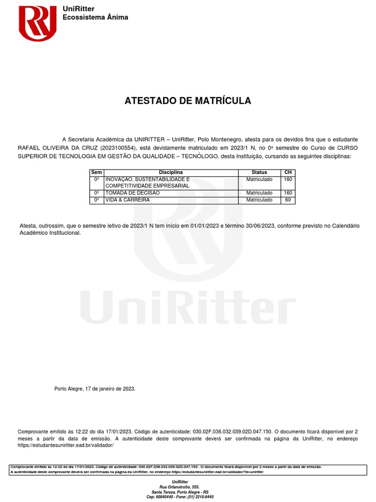 Portal Do Aluno - Atestado de Matrícula Autenticado | PDF