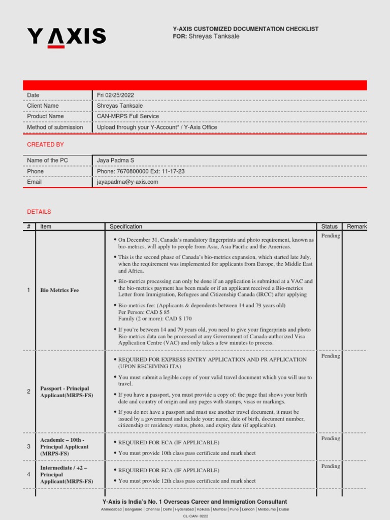 Y-Axis Customized Documentation Checklist for Shreyas Tanksale | PDF ...