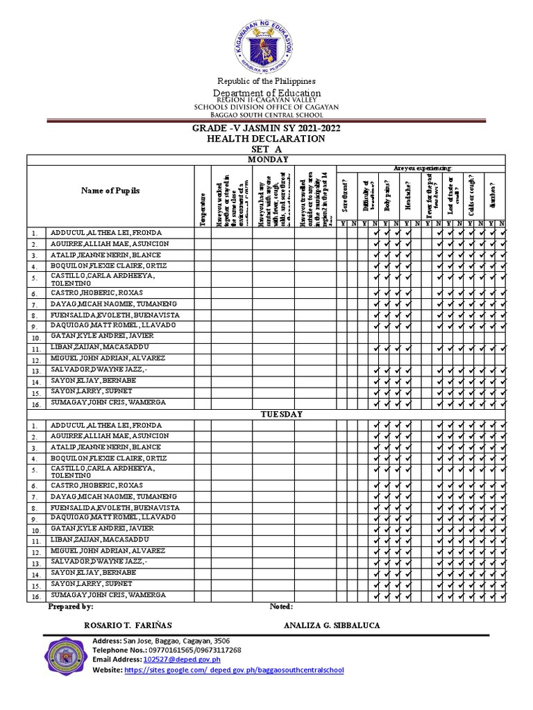 Grade V Health Declaration Form | PDF | Information And Communications ...