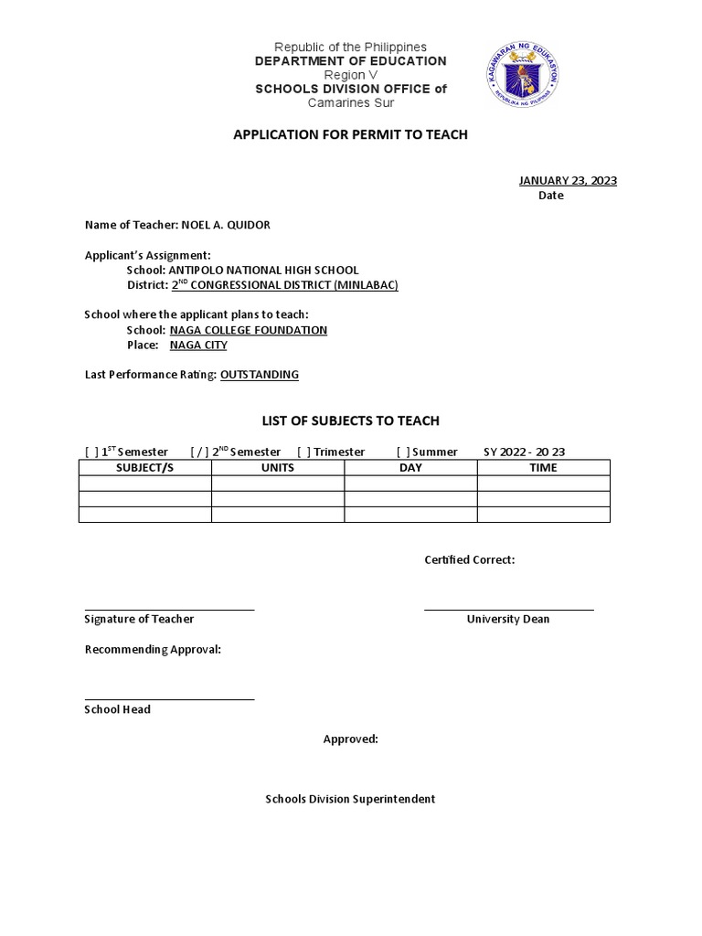 Permit to teach pdf