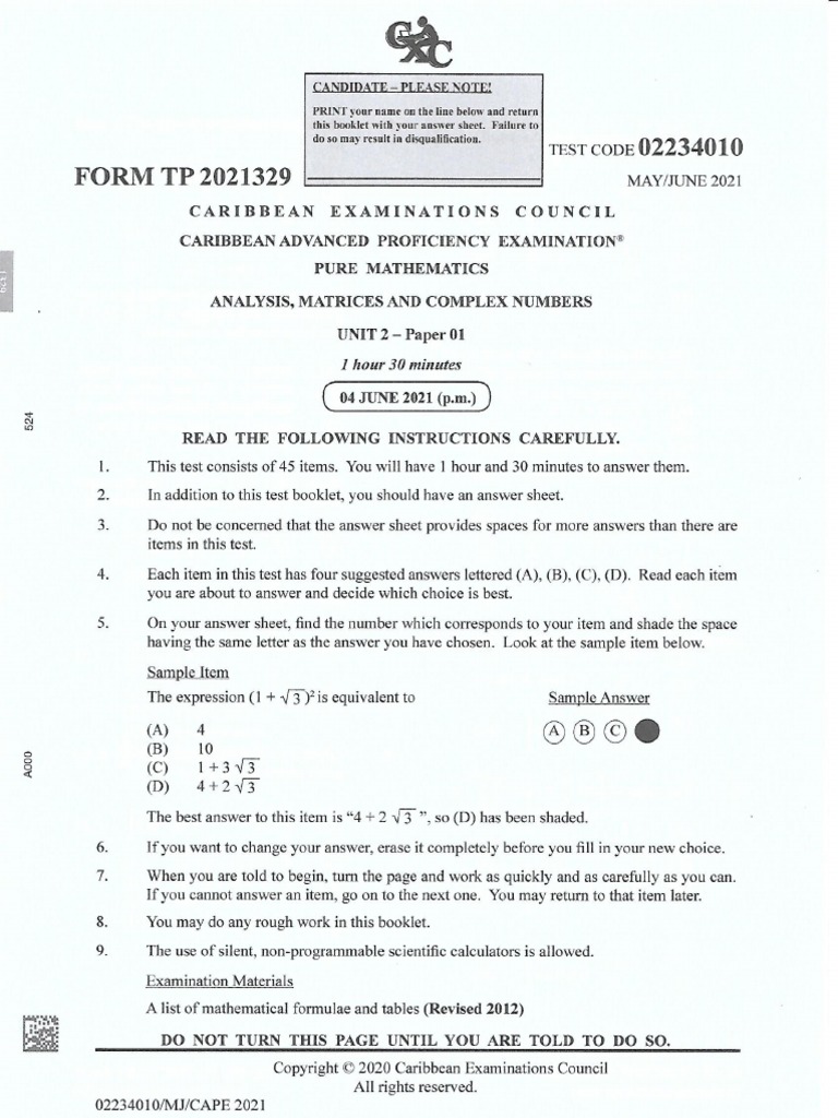 Pure Math Unit 2 2021 - Paper 01 | PDF