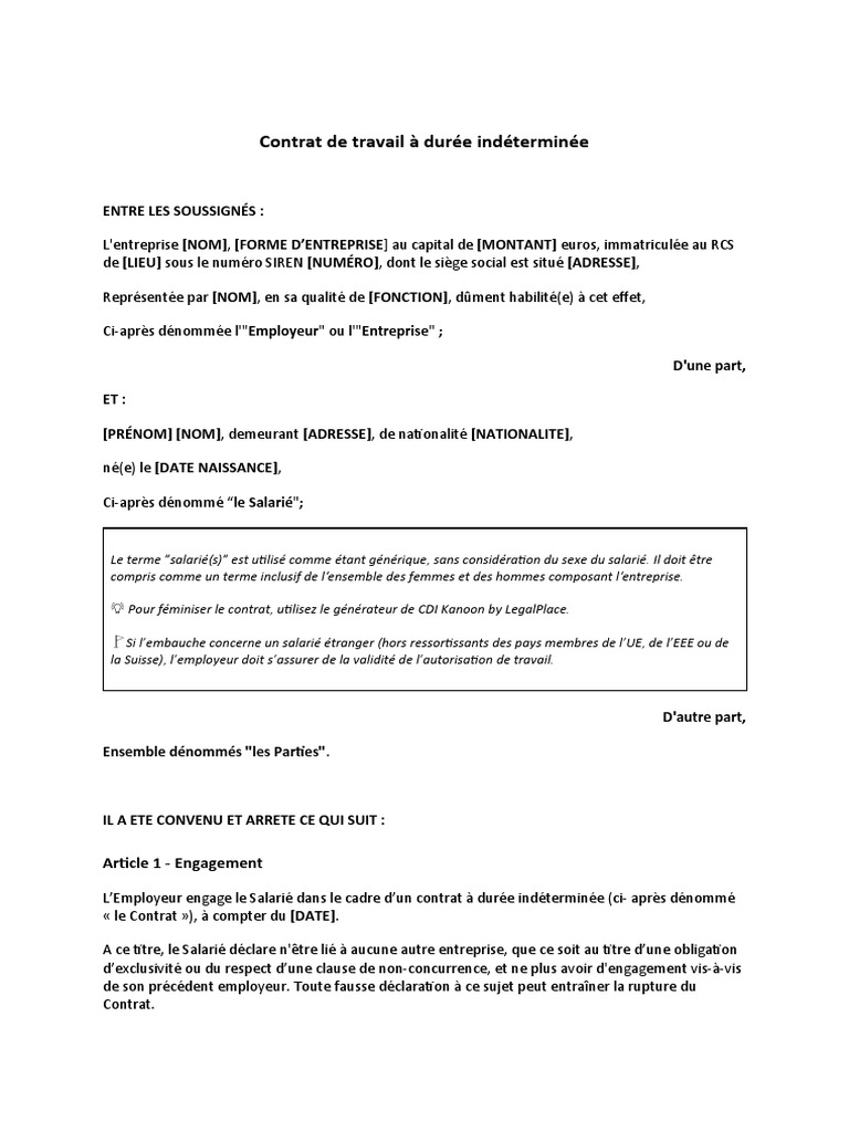 Modèle de contrat CDI à télécharger | PDF | Convention collective ...