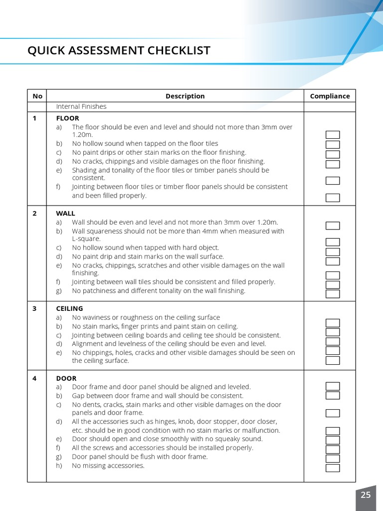 Quick Assessment Checklist for Interiors | PDF | Door | Window