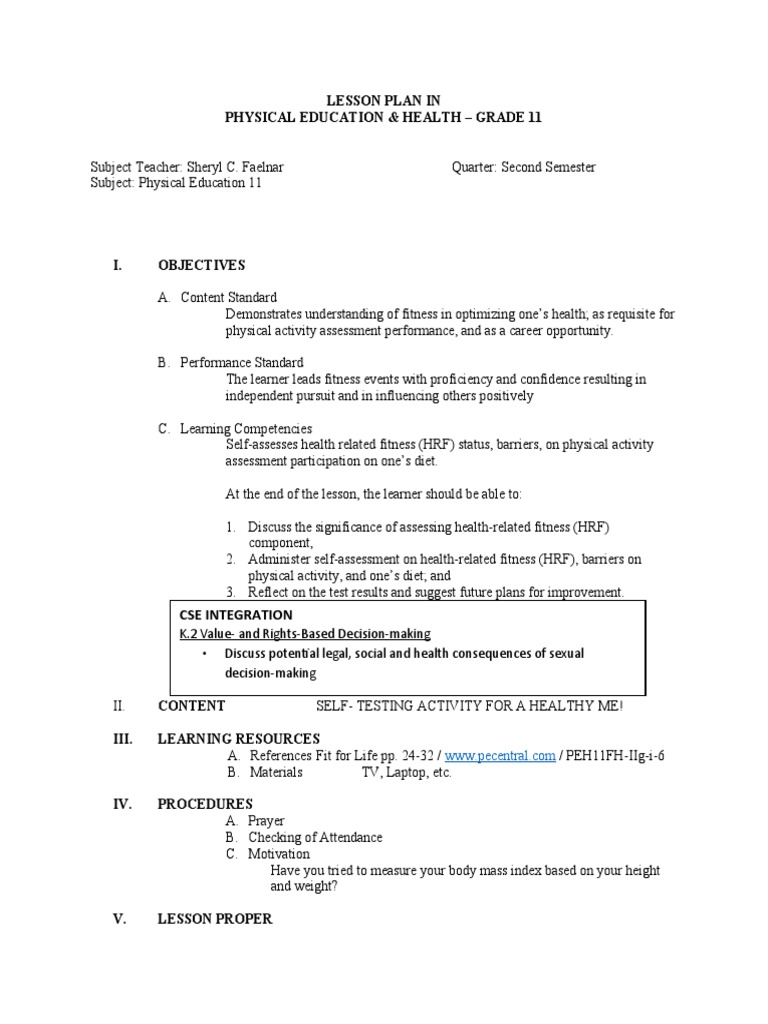 Grade 11 PE Health Lesson Plan | PDF | Behavior | Learning