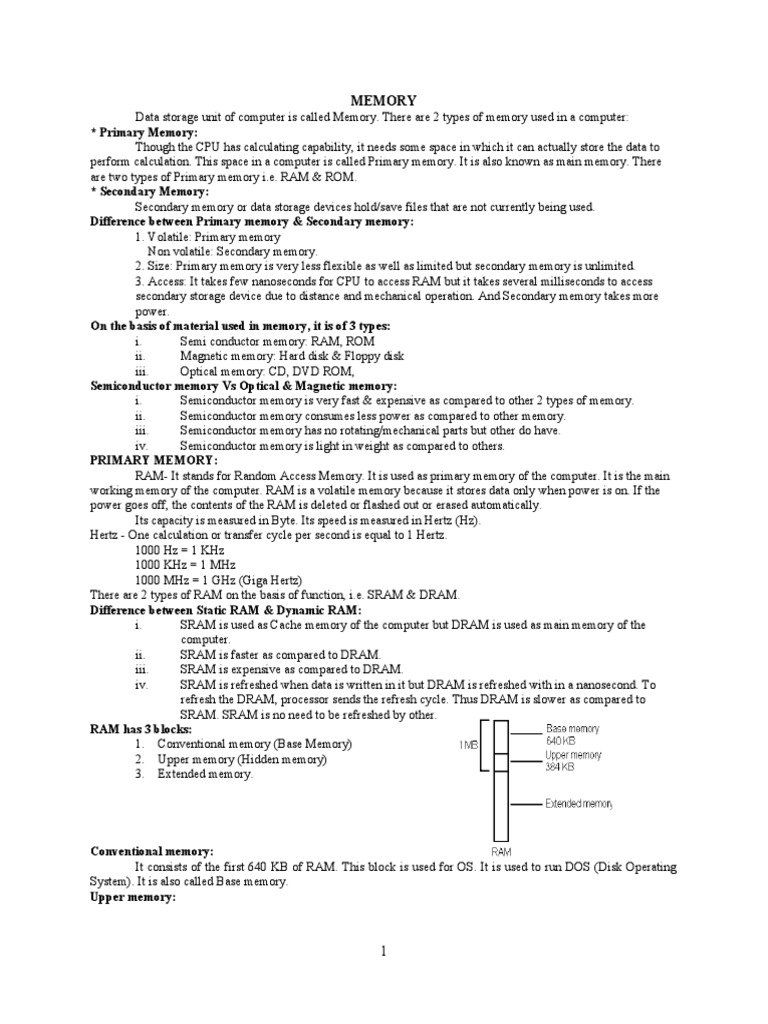 Memory Notes PDF Computer Data Storage Random Access Memory