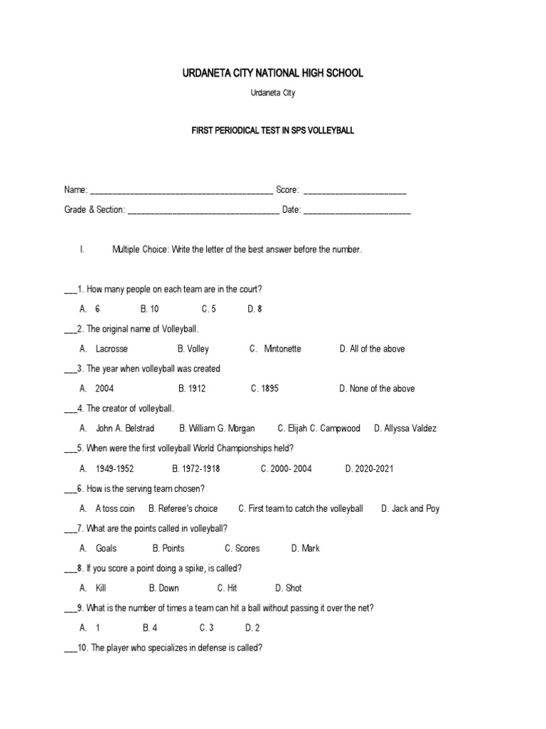 1st Quarter Volleyball Test PDF Volleyball Team Sports