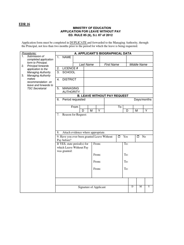 Application for Leave Without Pay Requesting Unpaid Time Off from