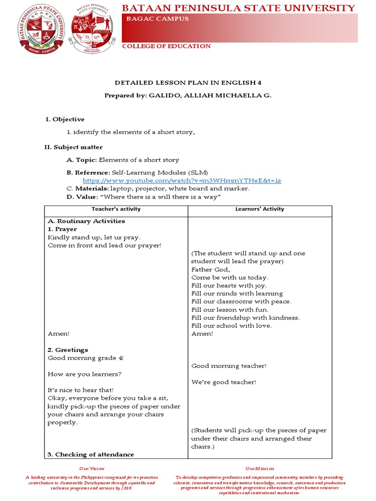 Grade 4 Detailed English Lesson Plan | PDF | Teachers | Learning