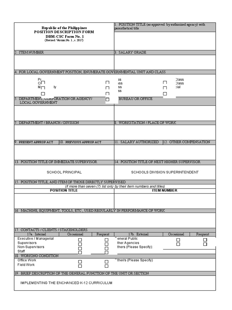 MT 1 DBMCSCFormNo.1PositionDescriptionForms Download Free PDF Teachers Curriculum