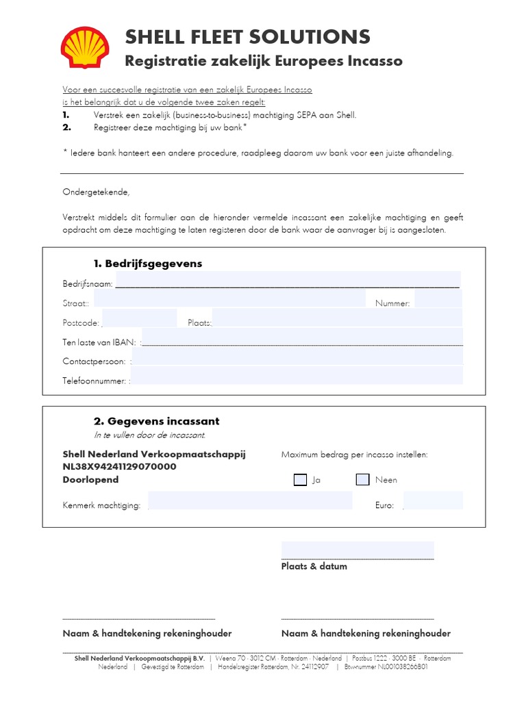 Shell Fleet Solutions: Registratie Zakelijk Europees Incasso | PDF