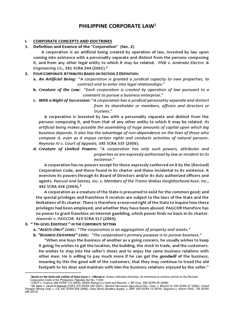 Philippine Corporate Law Syllabus PDF Corporations Legal Liability