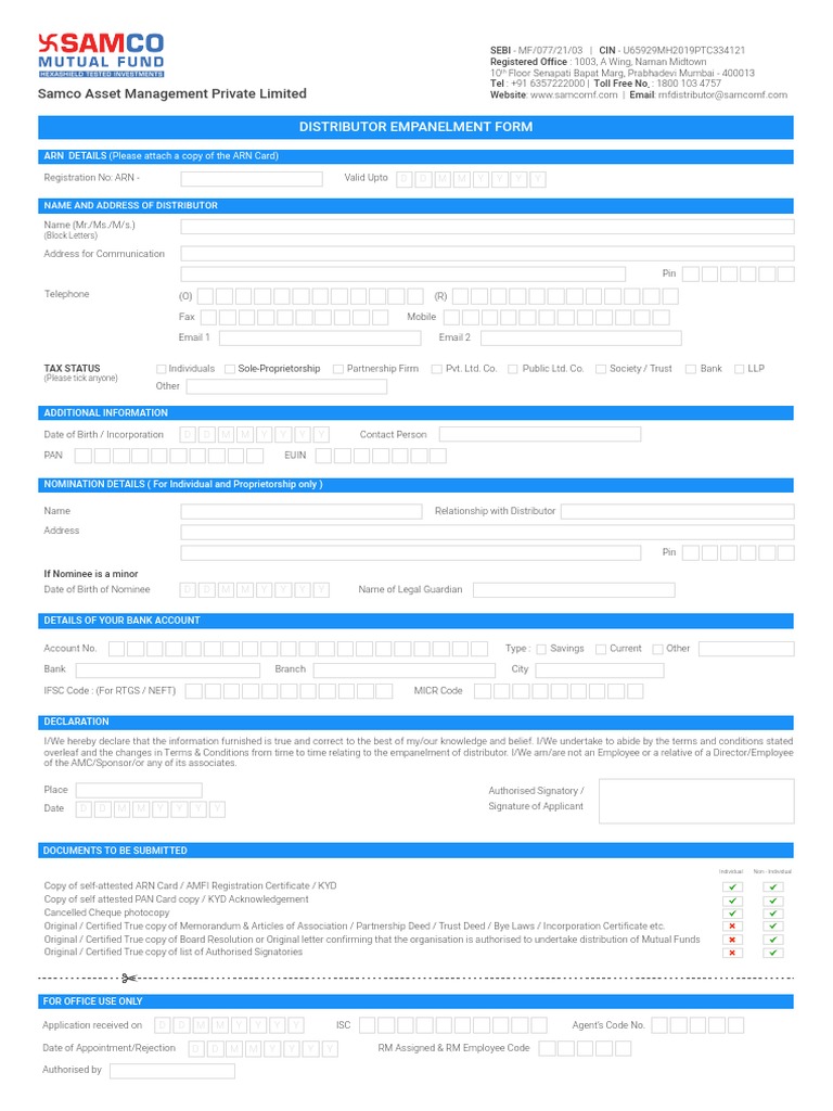 Distributor empanelment samco mutual fund form pdf indemnity justice