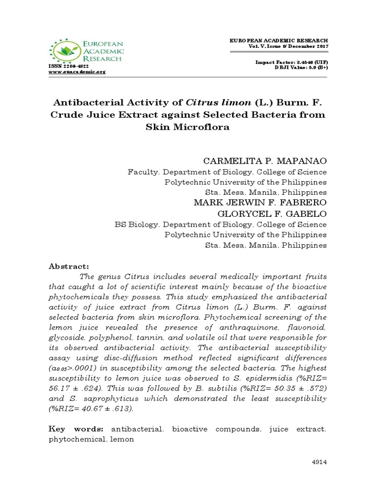 Antibacterial Activity of Citrus Limon (L.) Burm. F. Crude Juice Extract Against Selected