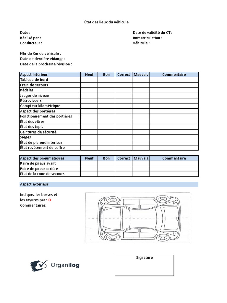Modele Fiche Etat Vehicule Gratuit Pdf