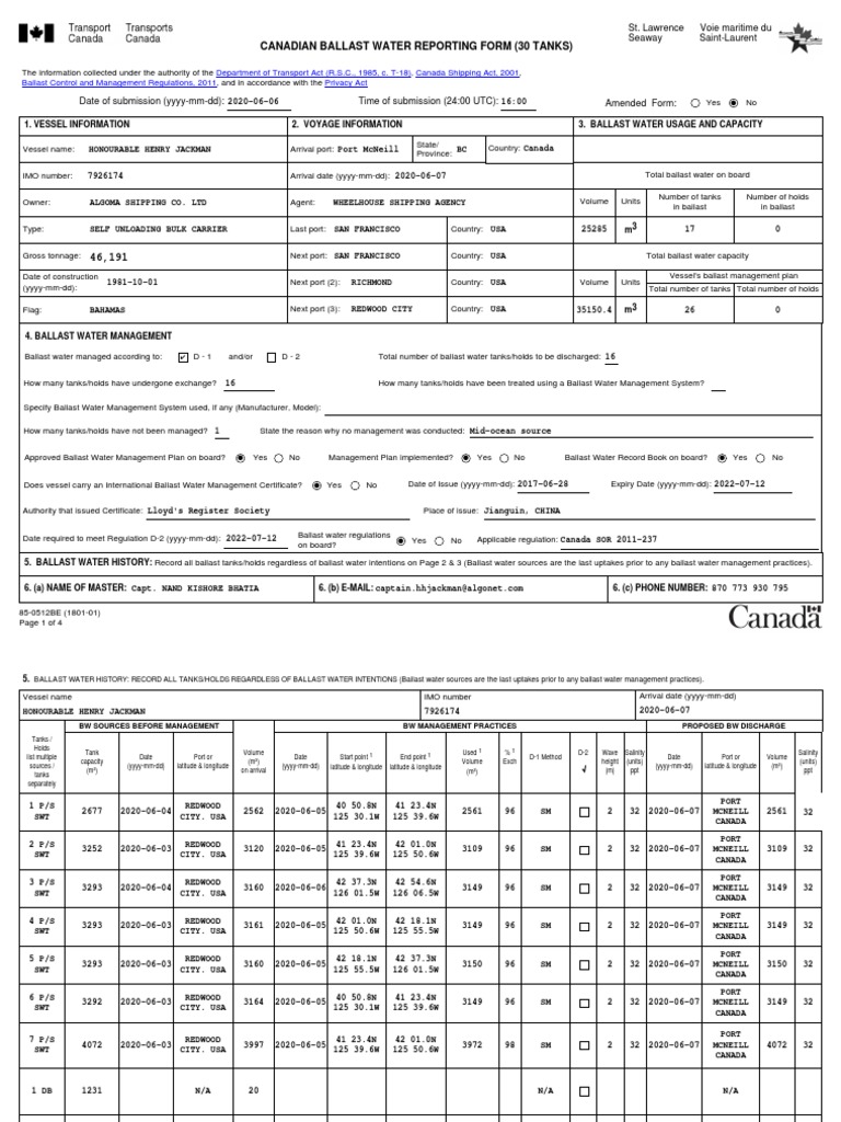 Canadian Ballast Form Voy. 20014 PDF Water Transport Shipping