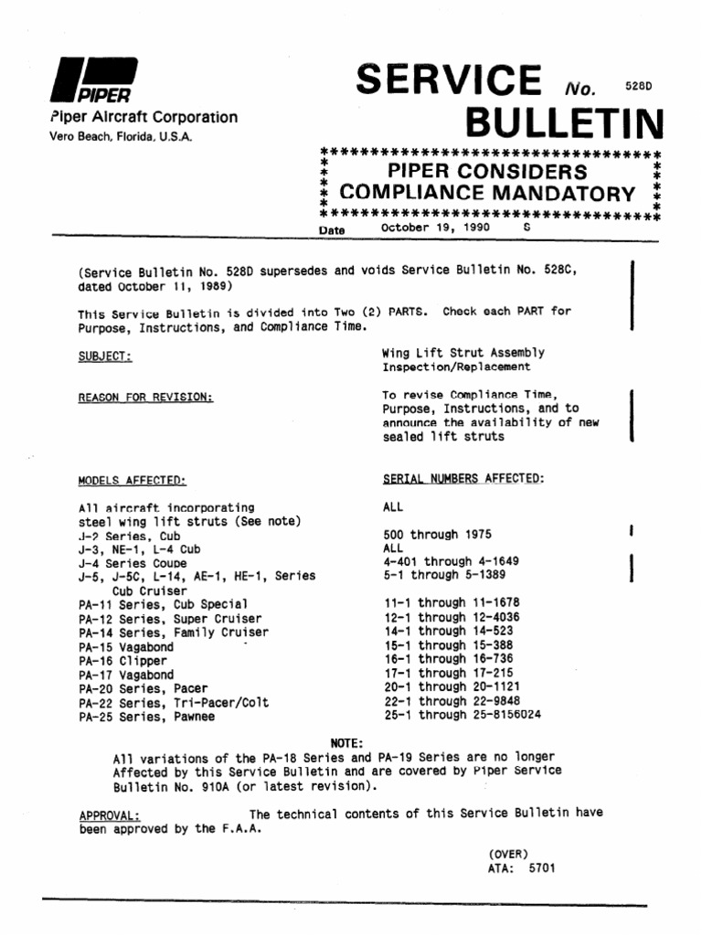 PIPER Service Bulletin PDF Aviation Aircraft