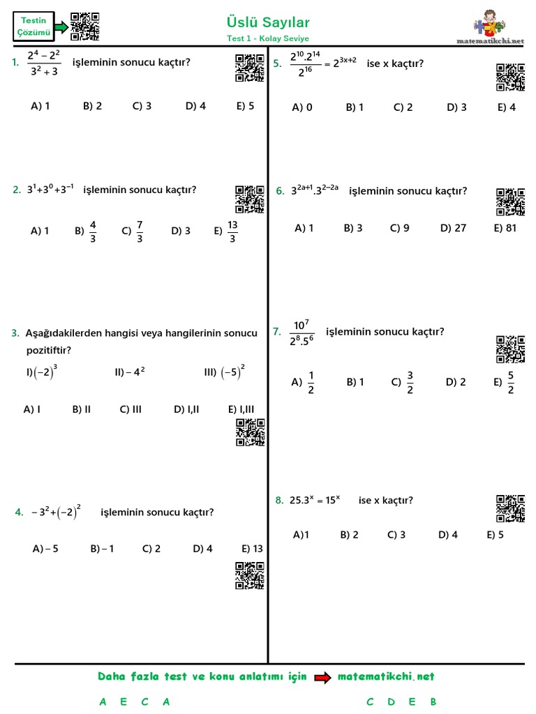 Üslü Sayılar Test 1 K | PDF