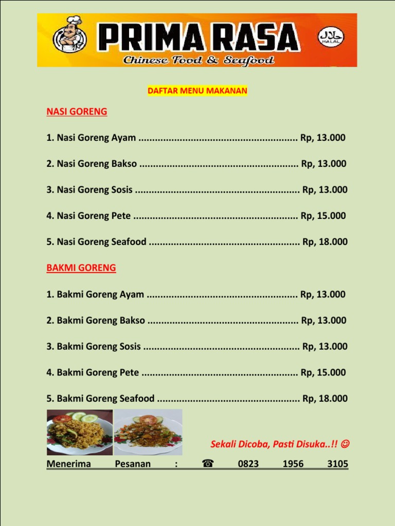 Menu Makanan Prima Rasa Bandung 2023 | PDF