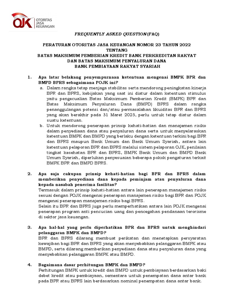 2022 - Pojk 23 - (Faq) BMPK BPR BMPD BPRS | PDF | Bisnis | Hukum