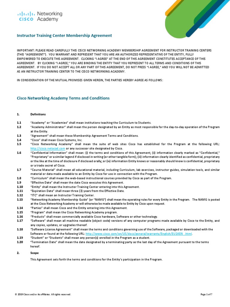 NetAcad ITC Membership Agreement July 2020 PDF Breach Of Contract Legal Liability