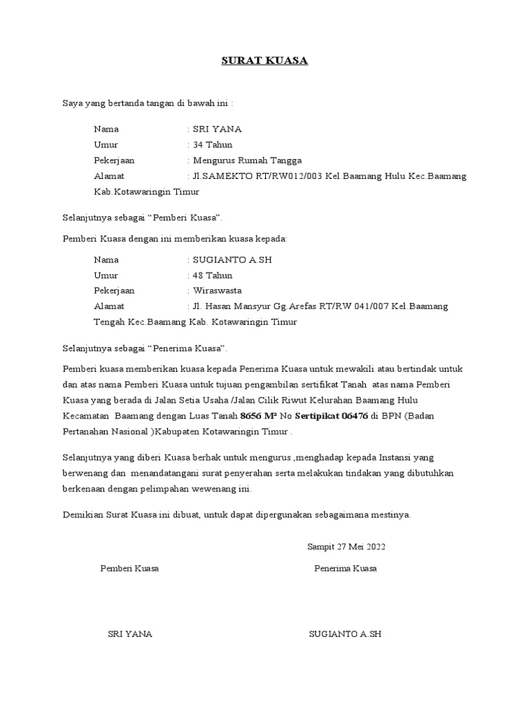 Surat Kuasa Pengambilan Sertifikat Tanah | PDF